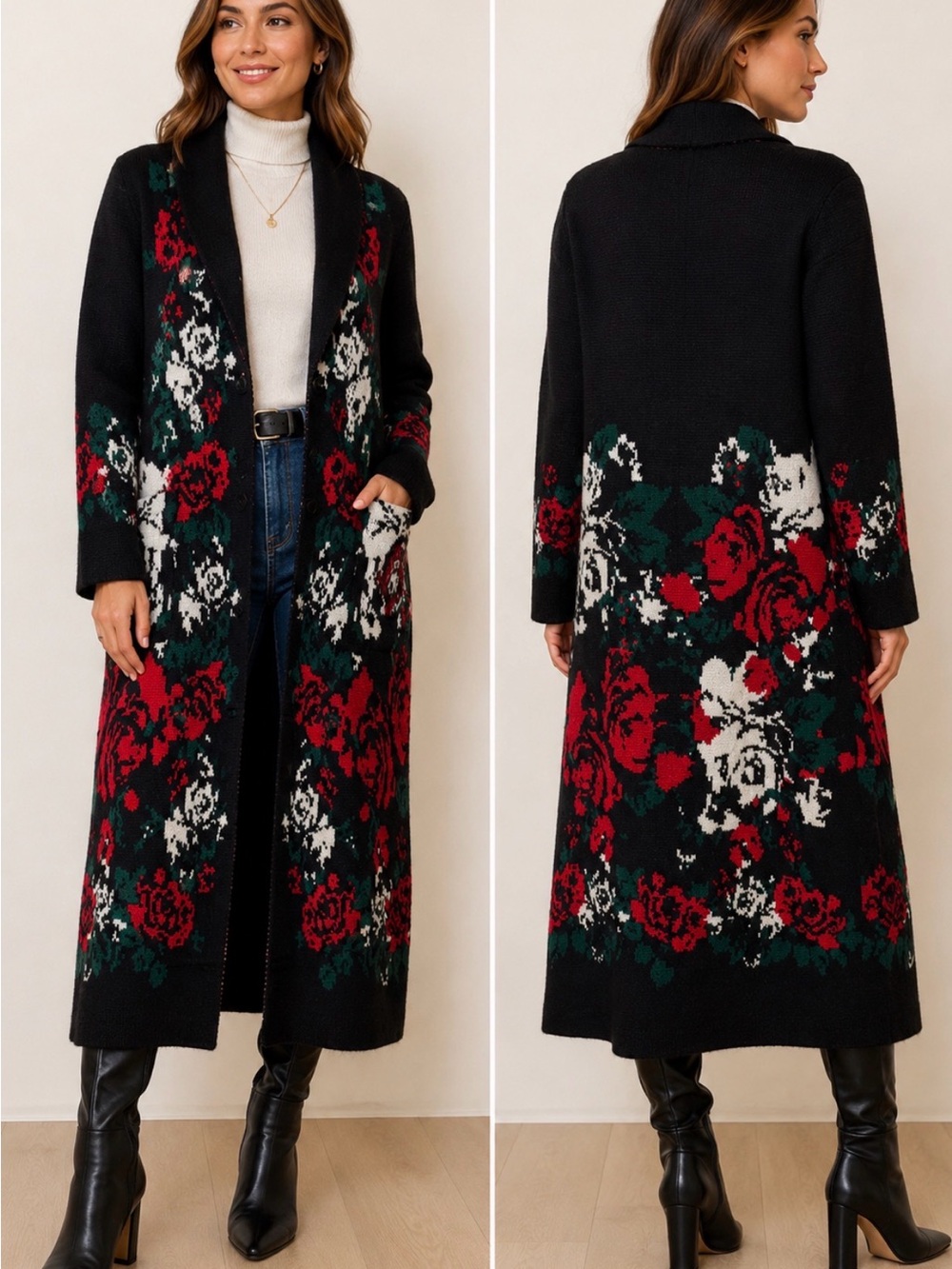 NWT Vertigo Paris Floral Rose Long Cardigan Sweater Coat Size S